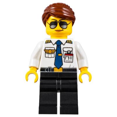 Pilot, Woman, White Shirt with Tie and Wings Badge, Black Legs, Reddish Brown Hair, Sunglasses