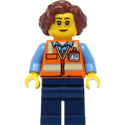 School Bus Driver - Female, Orange Safety Vest with Reflective Stripes, Dark Blue Legs, Reddish Brown Hair