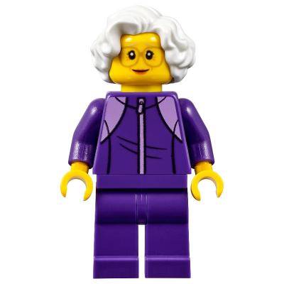 Woman, Dark Purple Jogging Suit, White Hair, Large Glasses