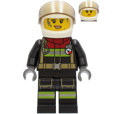 Fire - Female, Black Jacket and Legs with Reflective Stripes and Red Collar, White Helmet, Trans-Black Visor, Dark Bluish Gray Splotches