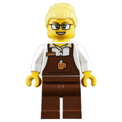 Female with Reddish Brown Apron with Cup and Name Tag Pattern, Bright Light Yellow Hair Female Large High Bun, Glasses