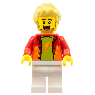 Stuntz Announcer, Spiky Bright Light Yellow Hair, White Legs, Red Jacket over Lime Shirt