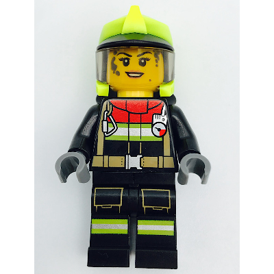 Fire - Female, Black Jacket and Legs with Reflective Stripes and Red Collar, Neon Yellow Fire Helmet, Trans-Black Visor, Dark Bluish Gray Splotches