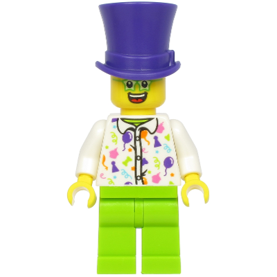 Birthday Party Guest, Dark Purple Top Hat, Green Glasses, White Shirt, Lime Legs